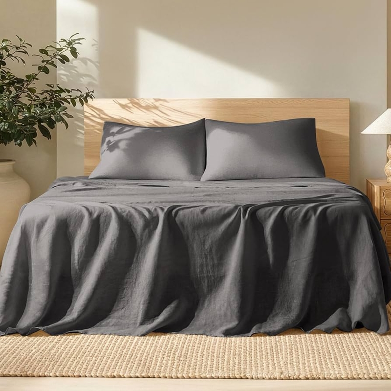 Bedding Set, Dark Grey Linen with Slub Texture for Minimalist Room.