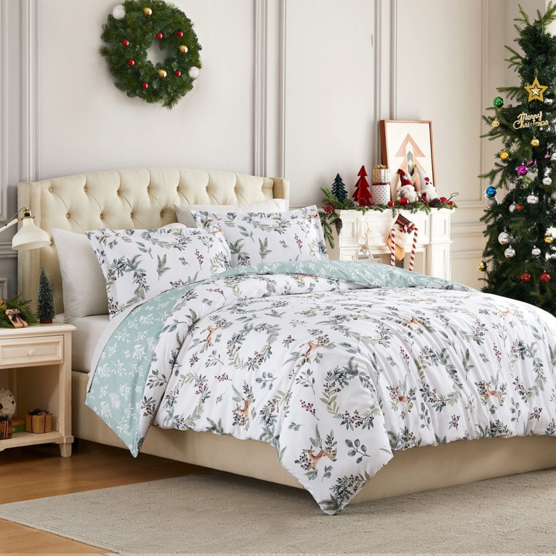 Bedding Set Deer Motif Snowflake Pattern Quilted Texture Seasonal