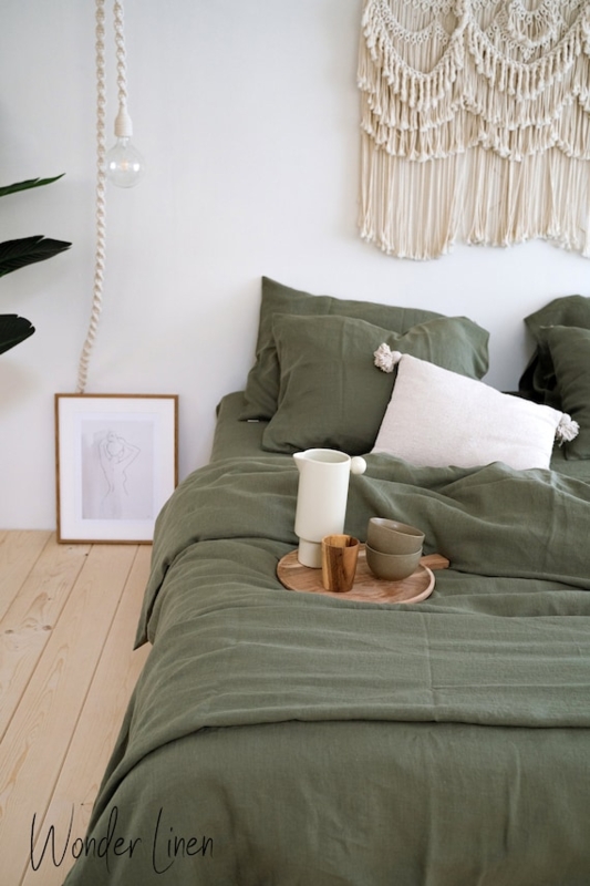 Bedding Set Eucalyptus Green Linen Like Fabric Button Closure Organic