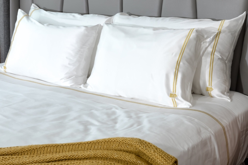 Bedding Set: Gold Silk Pillowcases, White Cotton Sheets, Luxury Bedding