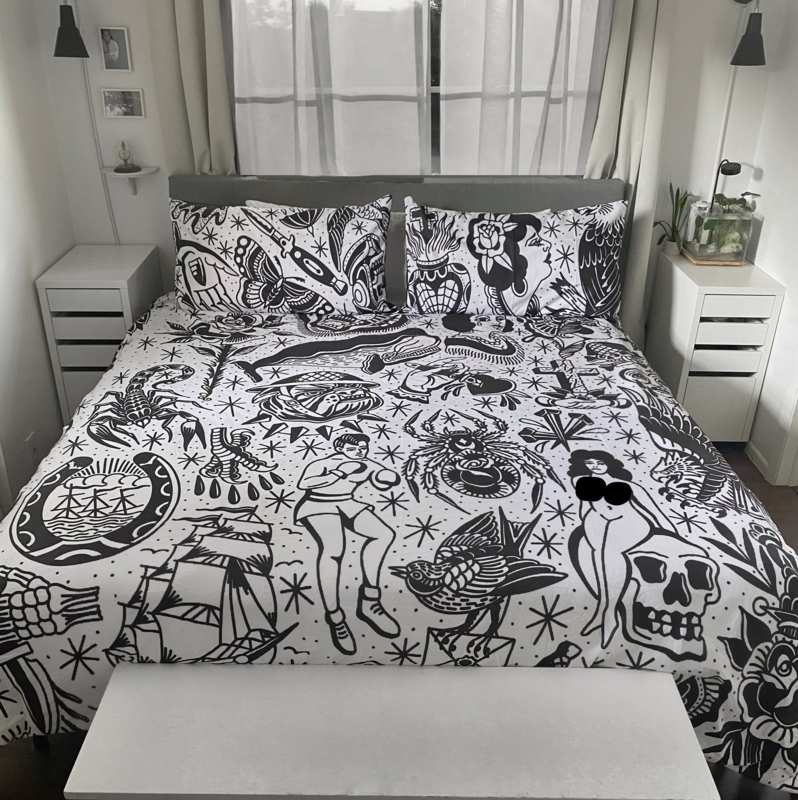 Bedding Set Gothic Tattoo Flash Illustrations Black White Graphic