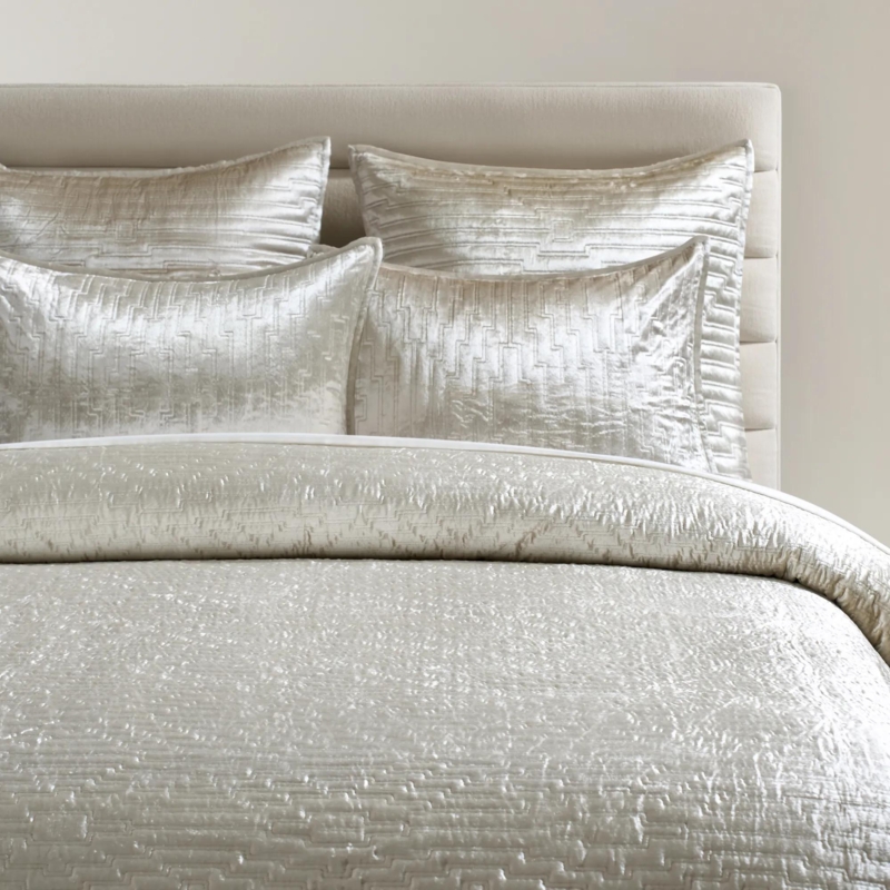 Bedding Set Grey Shimmering Crushed Velvet Geometric Quilted Luxury