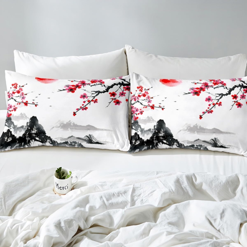 Bedding Set Ink Wash Cherry Blossom Black White Ink Wash Sheets