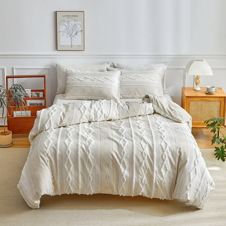 Bedding Set Khaki Striped Tufted Texture, Organic Modern Minimalist