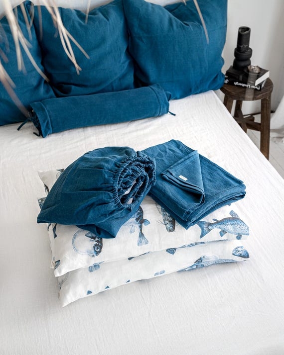 Bedding Set Lake Blue Linen Like Textured Sheet Set with Fish Print