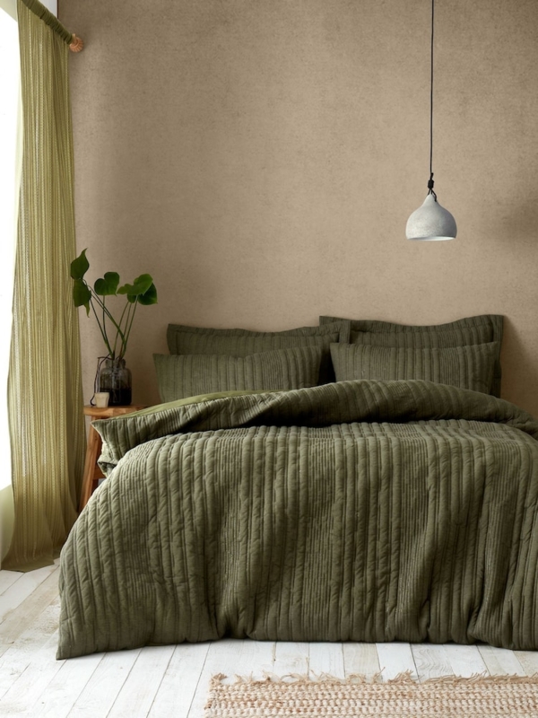 Bedding Set Olive Green Jersey Stripe Quilted Ribbed