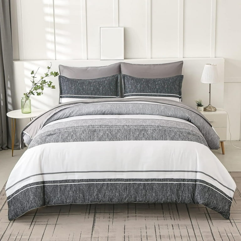 Bedding Set Patchwork Stripes Grey White Transitional Striped Bedding Set