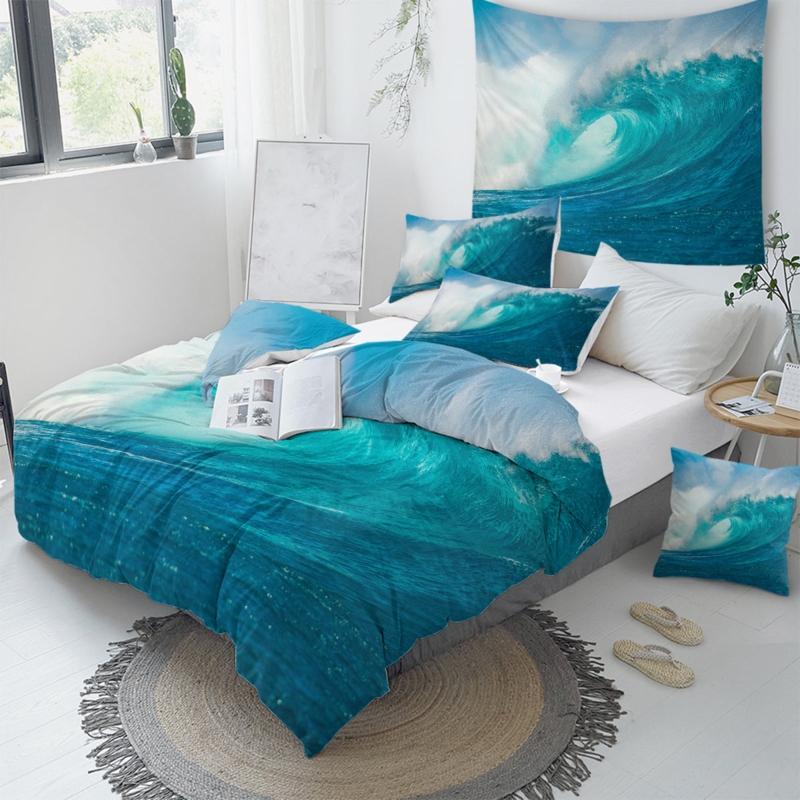 Bedding Set Photographic Wave Print Coastal Bedroom Serene Palette