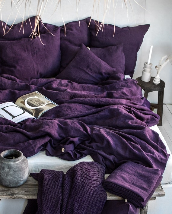 Bedding Set Plum Hue Linen Texture Moody Dark Purple