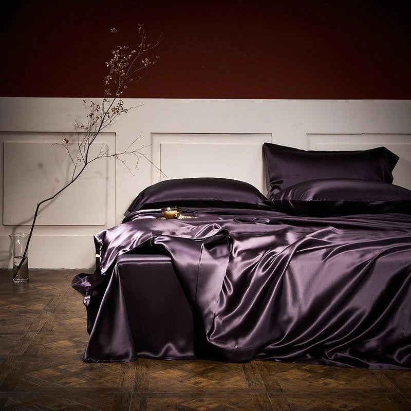 Bedding Set Plum Purple Color Silk Sheen Glam Bedroom