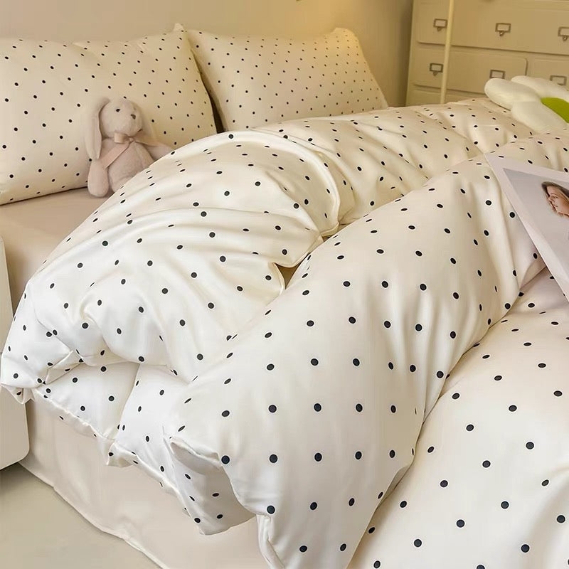 Bedding Set Satin Sheen Lustrous White Polka Dot Bedding Layout