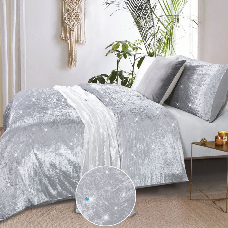 Bedding Set Shimmering Silver Crushed Velvet Crinkle Finish