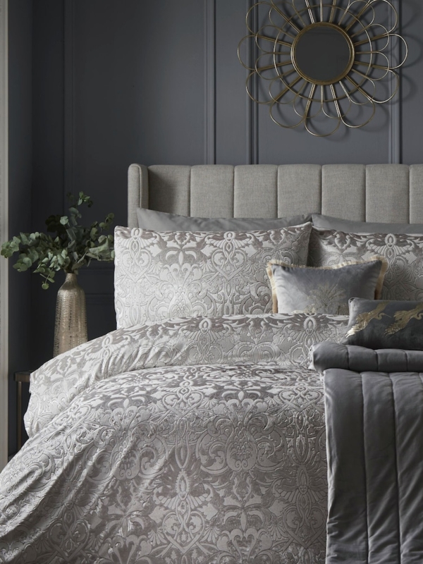 Bedding Set Silver Jacquard Floral Damask Woven Traditional Style