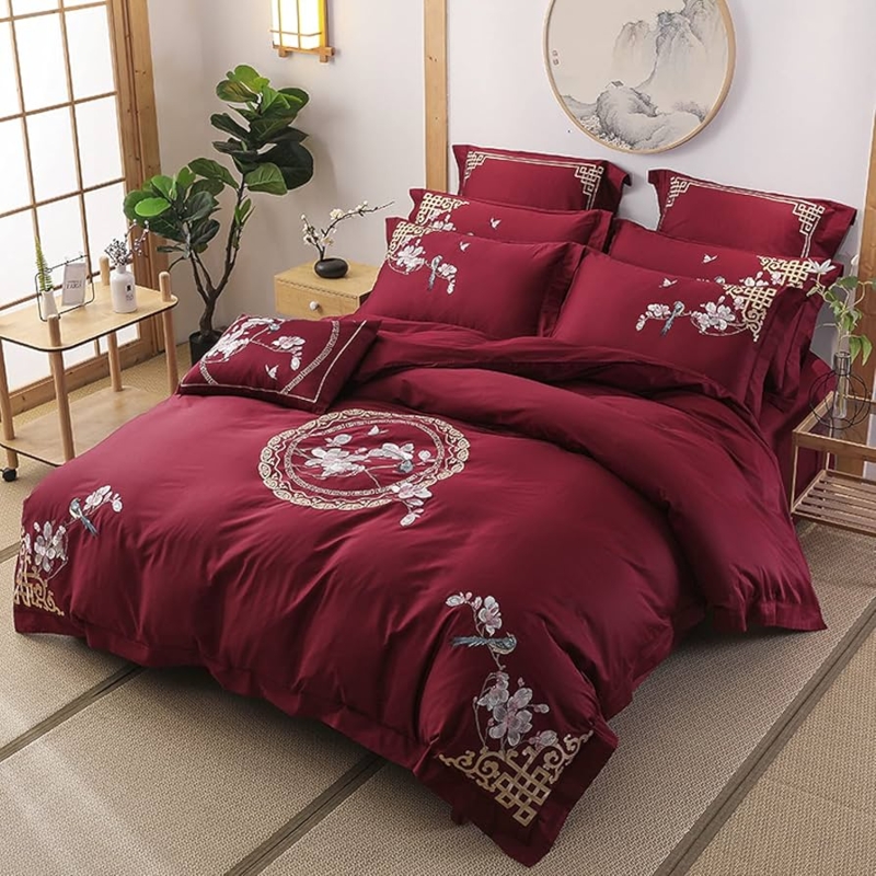 Bedding Set Traditional Chinese Bird Flower Embroidery Red Satin