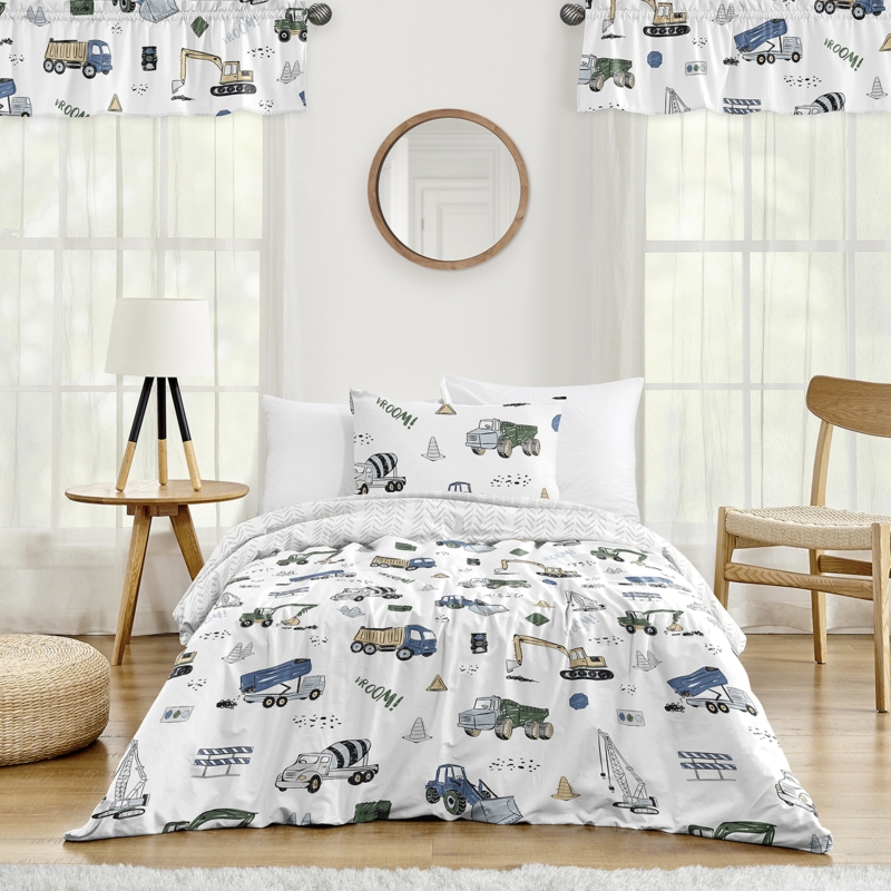 Bedding Set Traditional Construction Truck Theme Olive Green Quilted