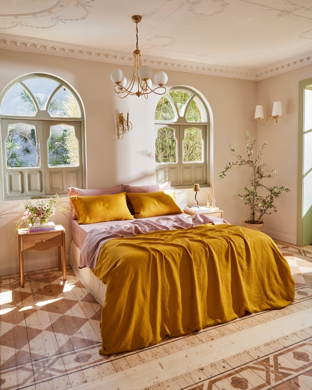 Bedding Set: Turmeric & Pink Palette, Flax Linen - Turmeric and Lavender Bedding