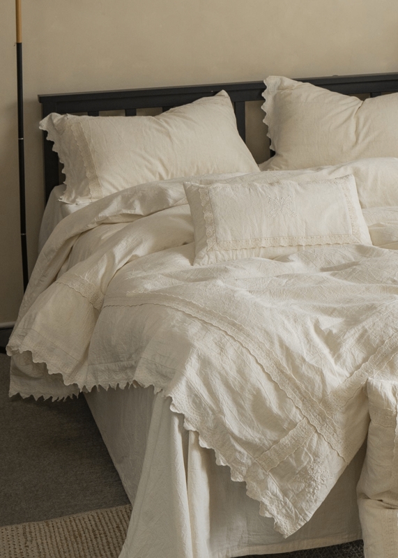 Bedding Set White Floral Embroidery Linen-like, French Country Style