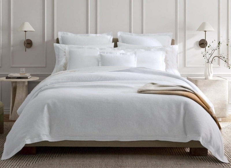 Bedding Set, White Linen-Like Fabric with Roman Hemstitch Border