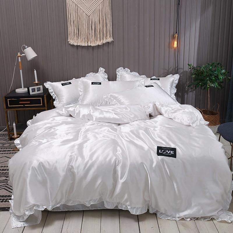Bedding Set White Satin Sheen Floral Lace Border Romantic Glam