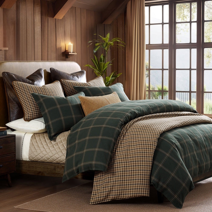 Bedding Set, Windowpane Plaid, Channel Quilting, Rustic Farmhouse Style
