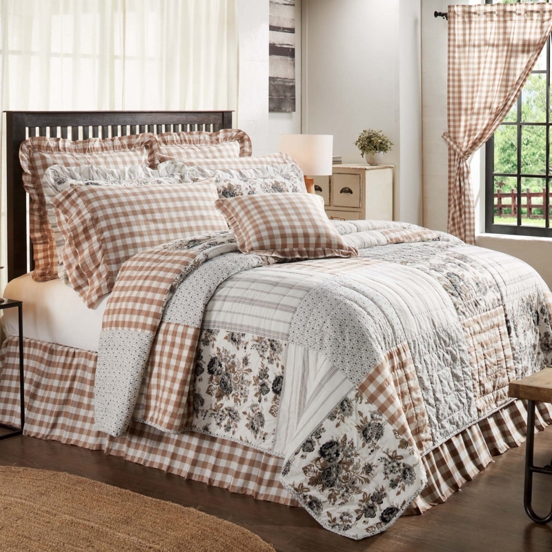 Bedding Set with Navy Windowpane Plaid and Ruffled Shams