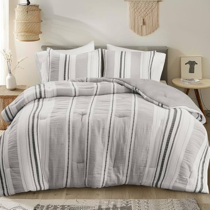 Bedding Set with Neutral Stripes: Grey and White Striped Comforter Set