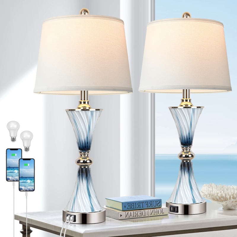 Bedroom Table Lamps: Bubbled Glass Pair with USB Charging