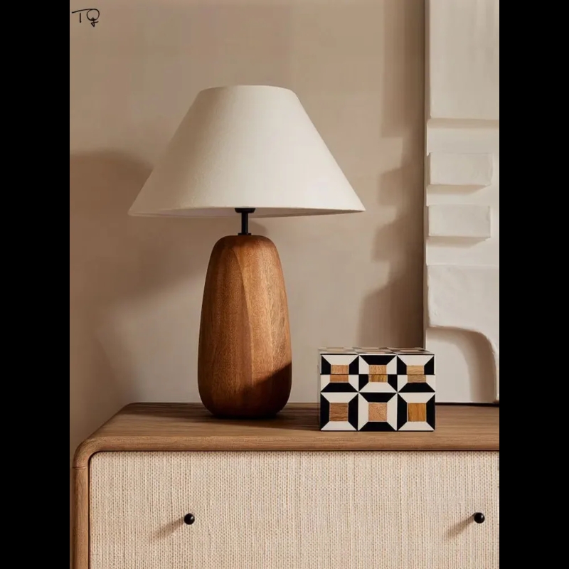 Bedside Lamp Solid Wood Cylinder Base Minimalist Japandi Style