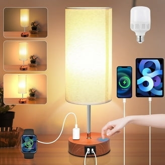 Bedside Table Lamp Wood Toned Base Square Fabric Shade USB