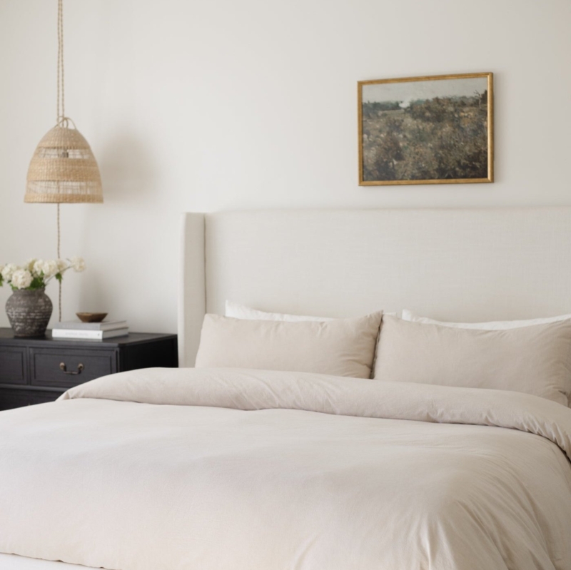 Beige Duvet Cover Set Linen Texture Button Closure Warm Neutral