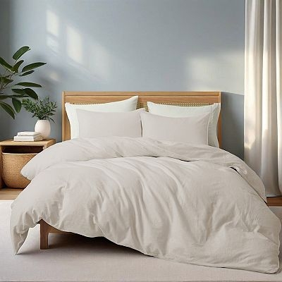 Beige Duvet Cover Set, Washed Finish Textured Bedding