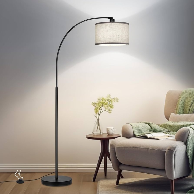 Beige Fabric Drum Shade Arc Floor Lamp for a Cozy Reading Nook