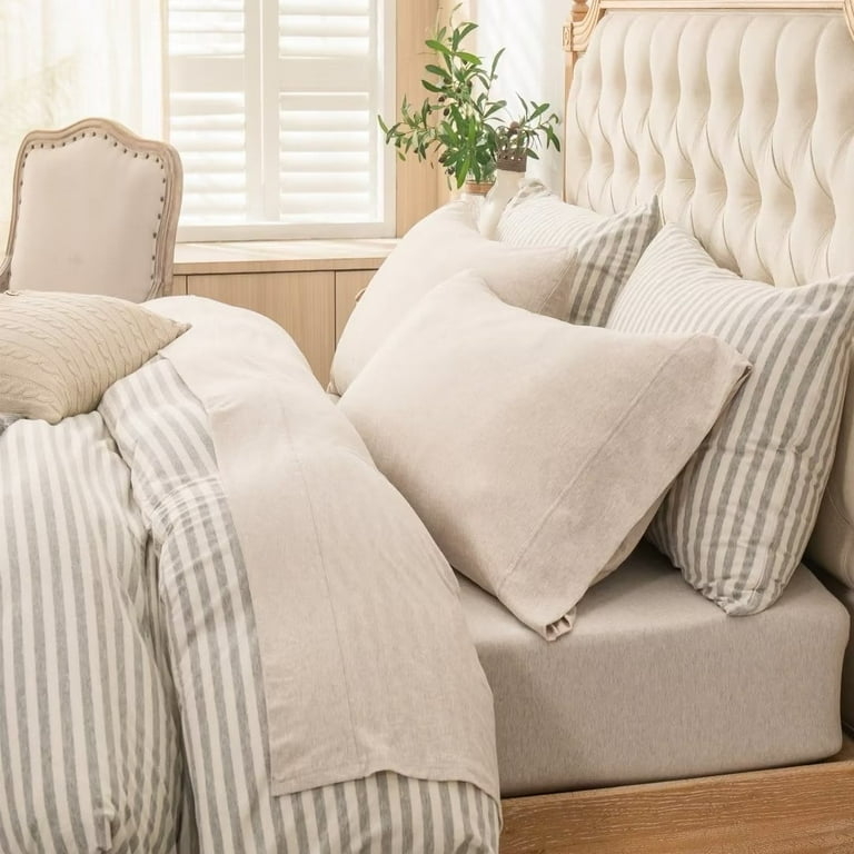 Beige Jersey Knit Bed Sheets with Soft Ribbed T-Shirt Texture