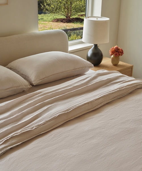 Beige Rumpled Linen Duvet Cover, Cove Tone, Organic Modern Style