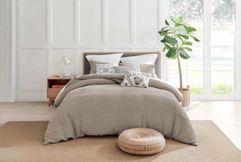 Beige Waffle Weave Duvet Cover Set Minimalist Fawn Bedding