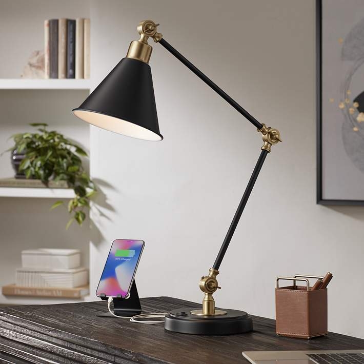 Black and Antique Brass Desk Lamp with USB Port and Adjustable Arm