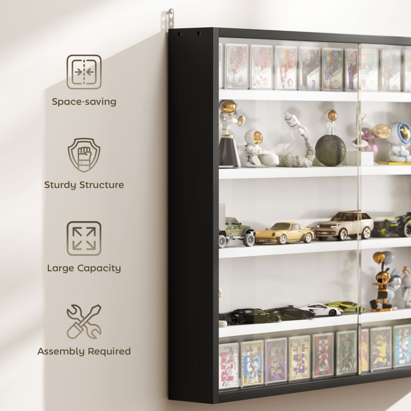 Black and White Wall Display Cabinet: High-Contrast 5-Tier Glass Case