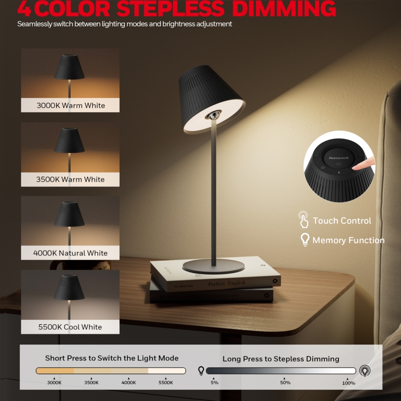 Black Cordless Desk Lamp with Circular Head and Rechargeable LED