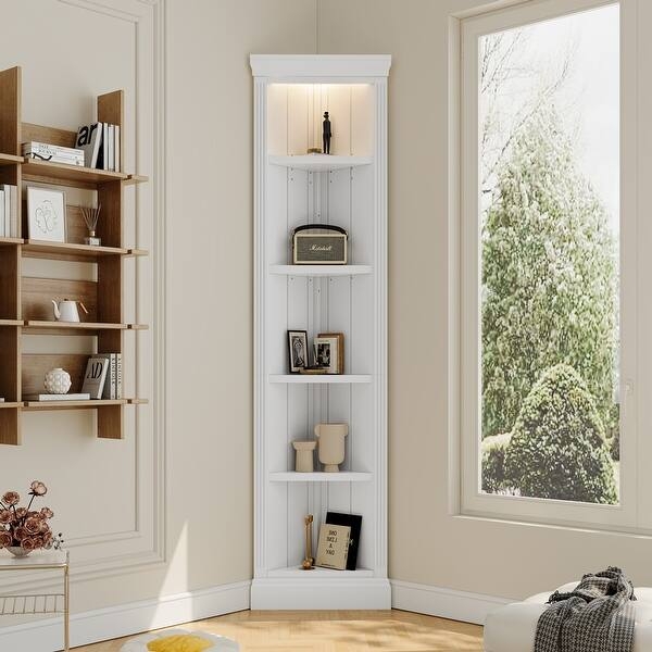 Black Corner Bookcase Tall Silhouette Five Tier Integrated LED