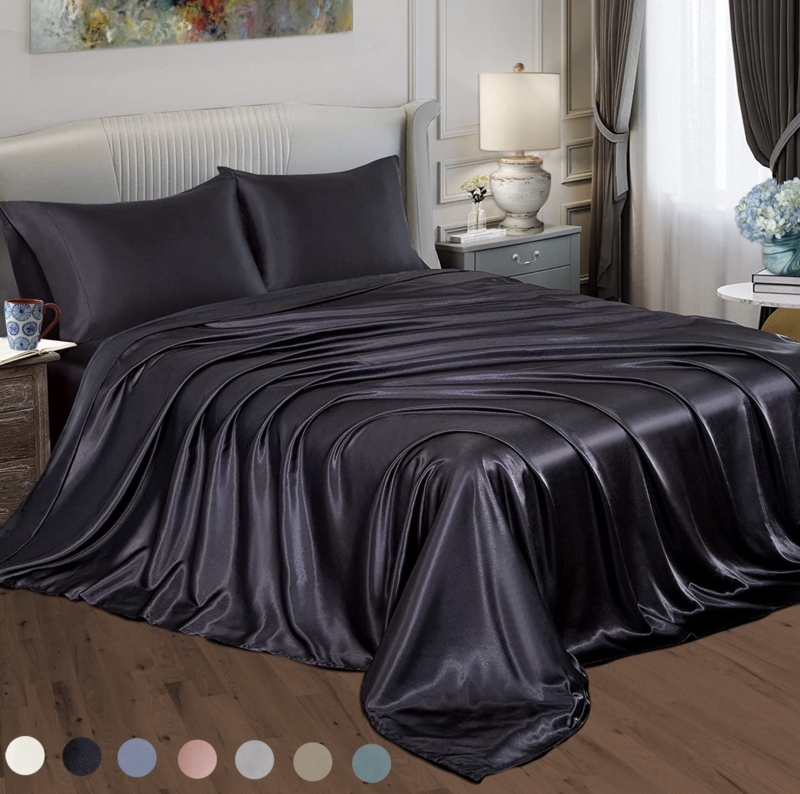 Black High Gloss Satin Sheet Set with Fluid Liquid Draping Style