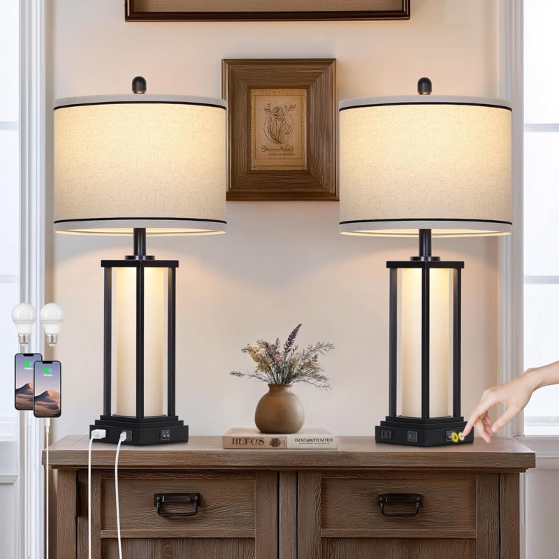 Black Industrial Lamp Set Seeded Glass Shades Charging Ports