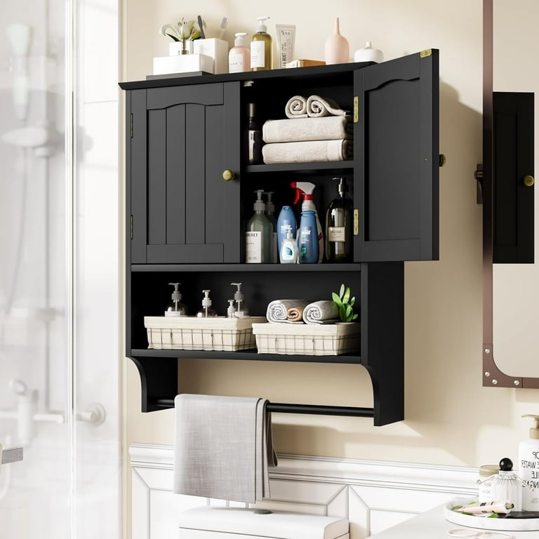 Black Medicine Cabinet with Mirrored Doors and Towel Bar Storage