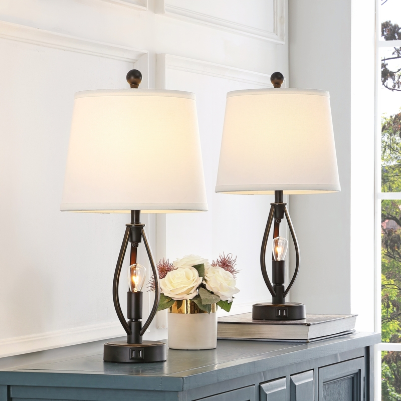 Black Metal Cage Table Lamps Set with USB Ports and Linen Shades