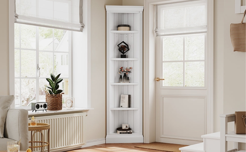 Black Metal Corner Shelf Five Tier Wood Toned Integrated LED Industrial