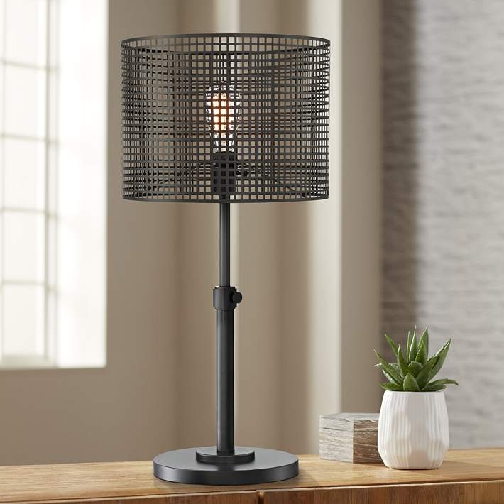Black Metal Table Lamp Grid Base White Drum Shade Industrial