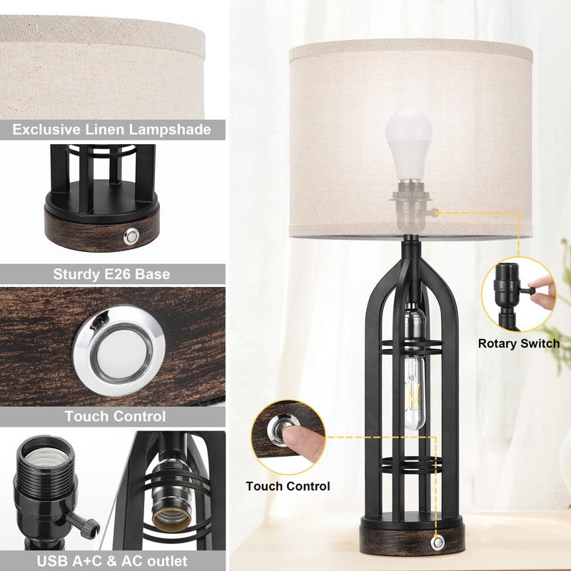 Black Metal Table Lamp Set with Wireframe Base and USB Charging