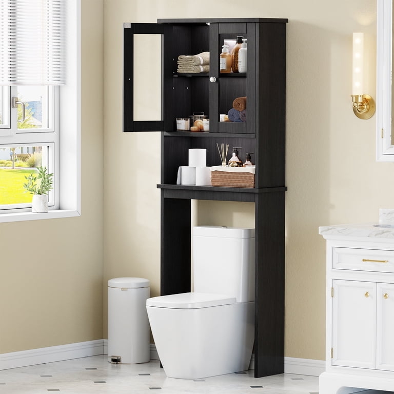 Black Over-The-Toilet Storage with Tempered Glass Doors