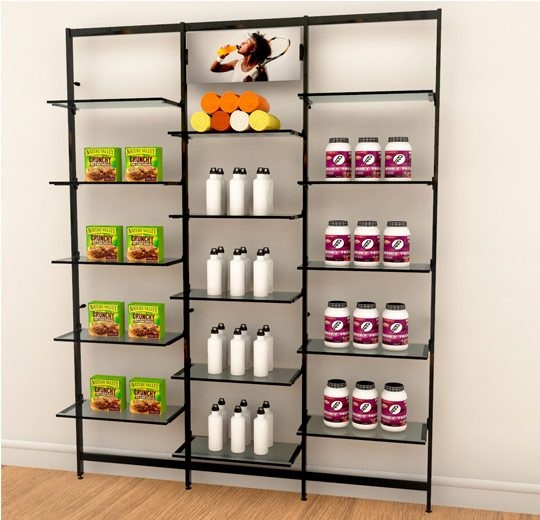 Black Retail Shelving Unit: 3-Section Wall Bay with Signage Headers