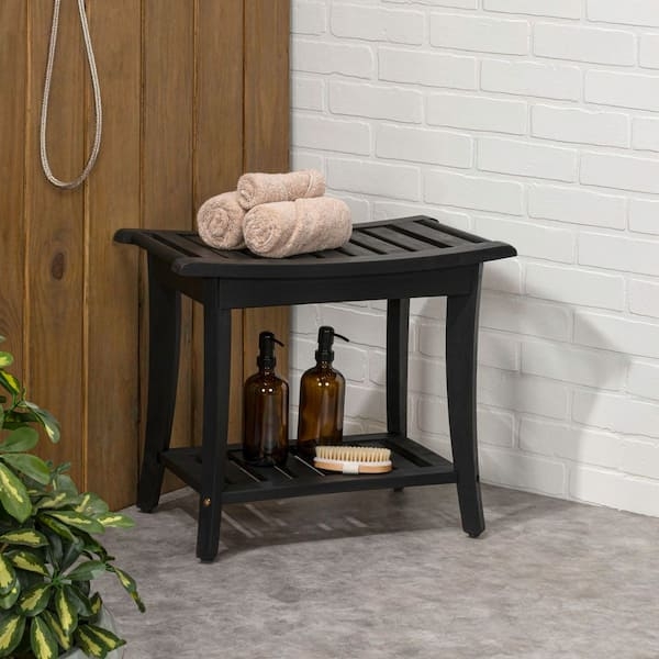 Black Shower Bench with Integrated Handle and Minimalist Slatted Shelf