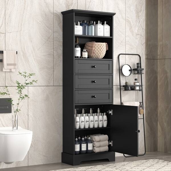 Black Storage Tower with Three Central Drawers and Open Shelving